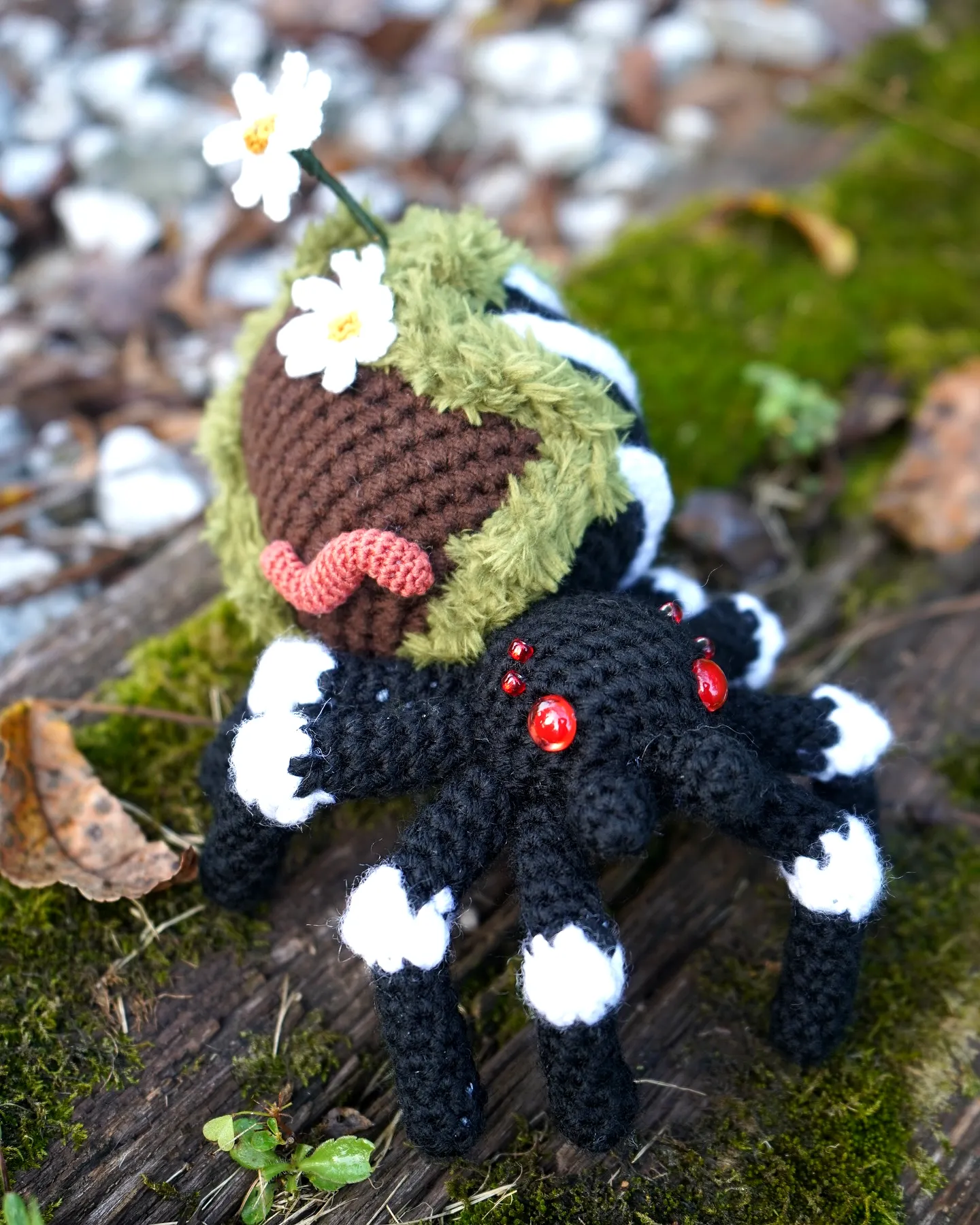 Cute Crochet Spider in Black and Red with Floral Accents