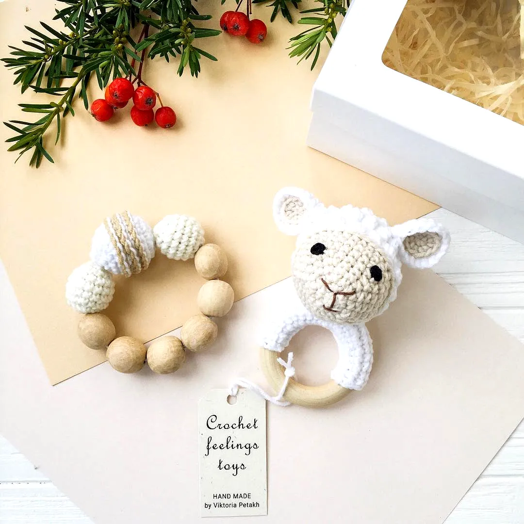 Cute Crochet Teether with Sheep Design and Colorful Beaded Ring