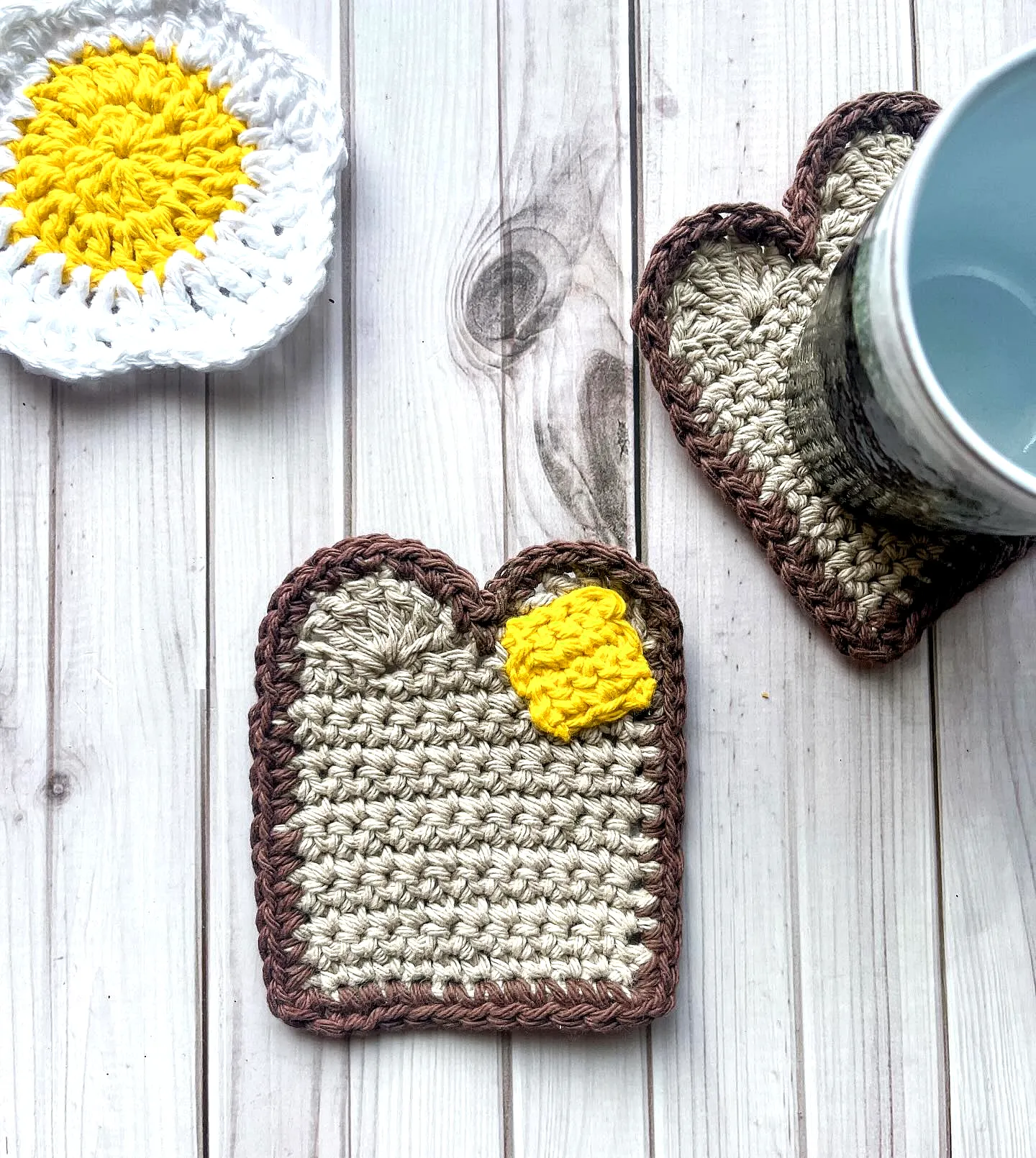 Cute crochet toast in earthy tones with bright butter pat