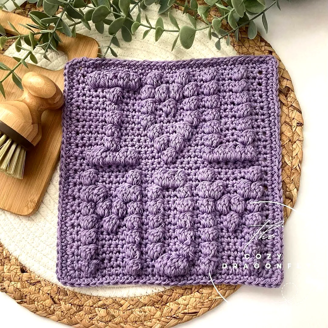 Cute Lavender Crochet Dishcloth with Bobble Stitches