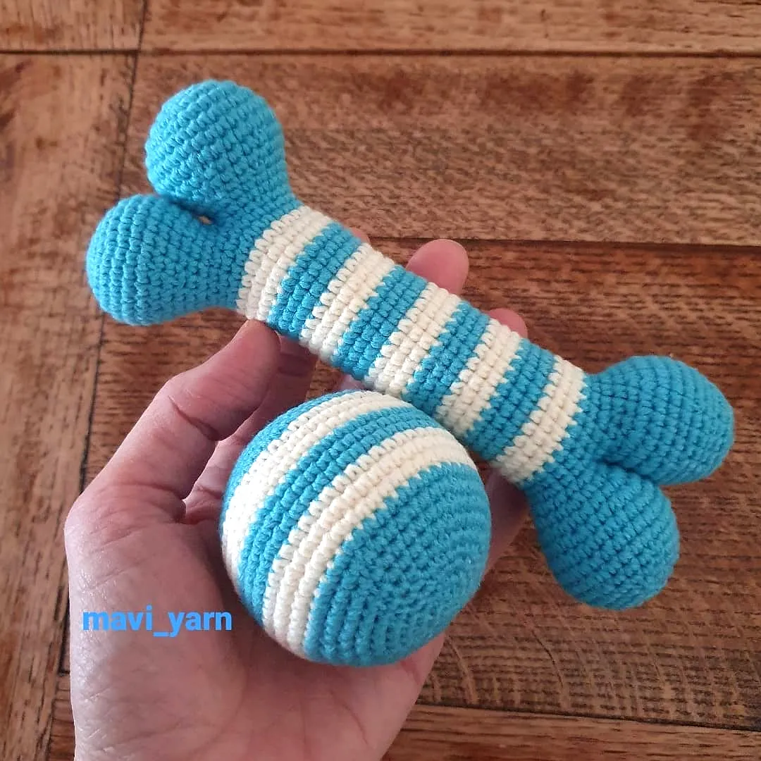 Cute vibrant crochet dog bone toy with playful design