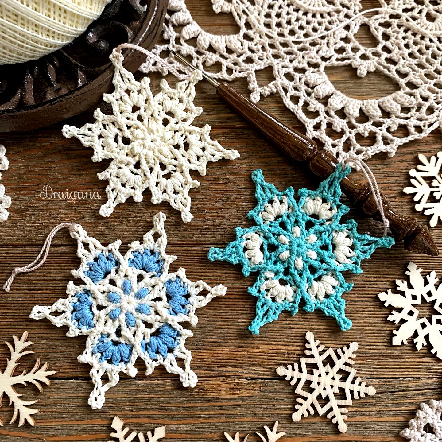 Delicate Crochet Snowflakes in Blue and White