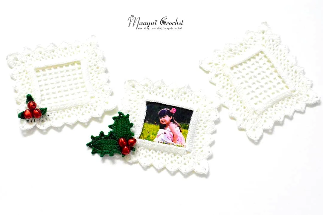 Delicate White Crochet Photo Frame with Holly
