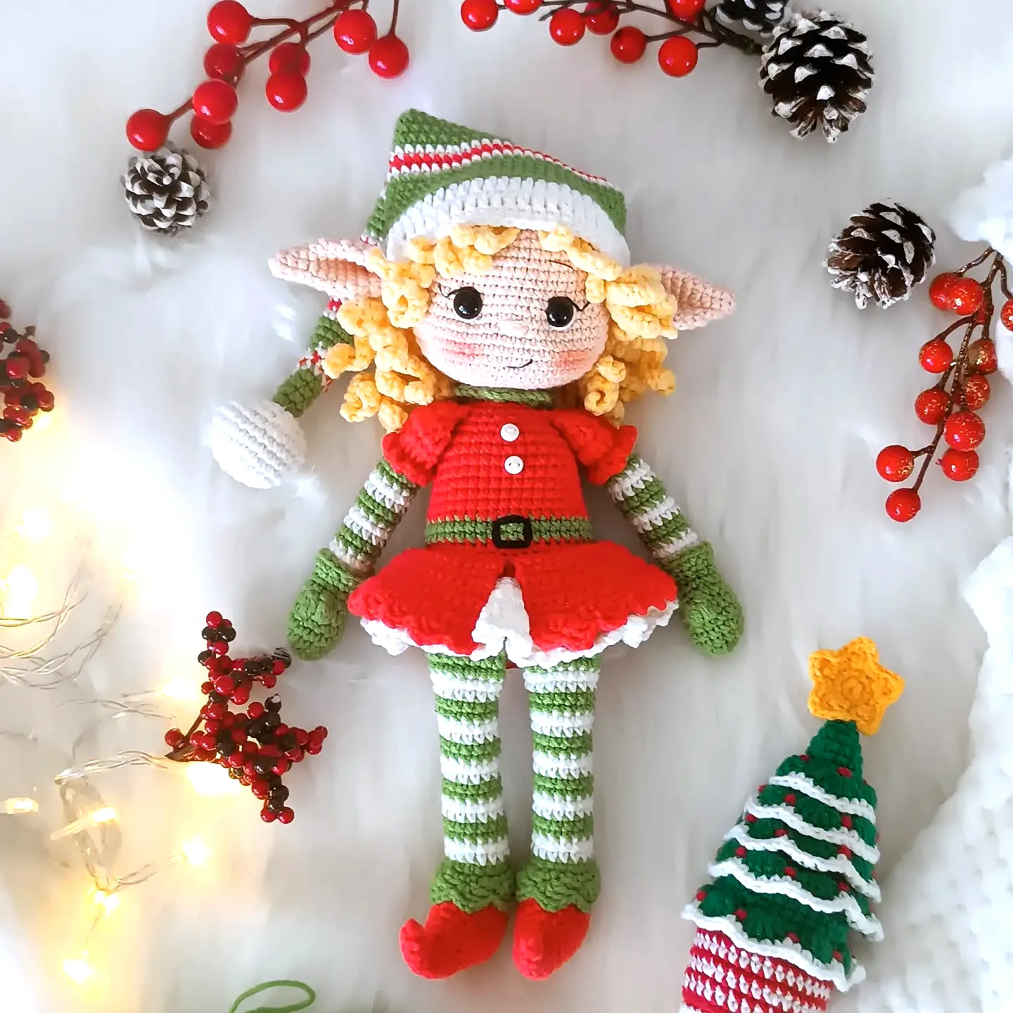 Delightful Crochet Elf in Vibrant Green Red and Cream