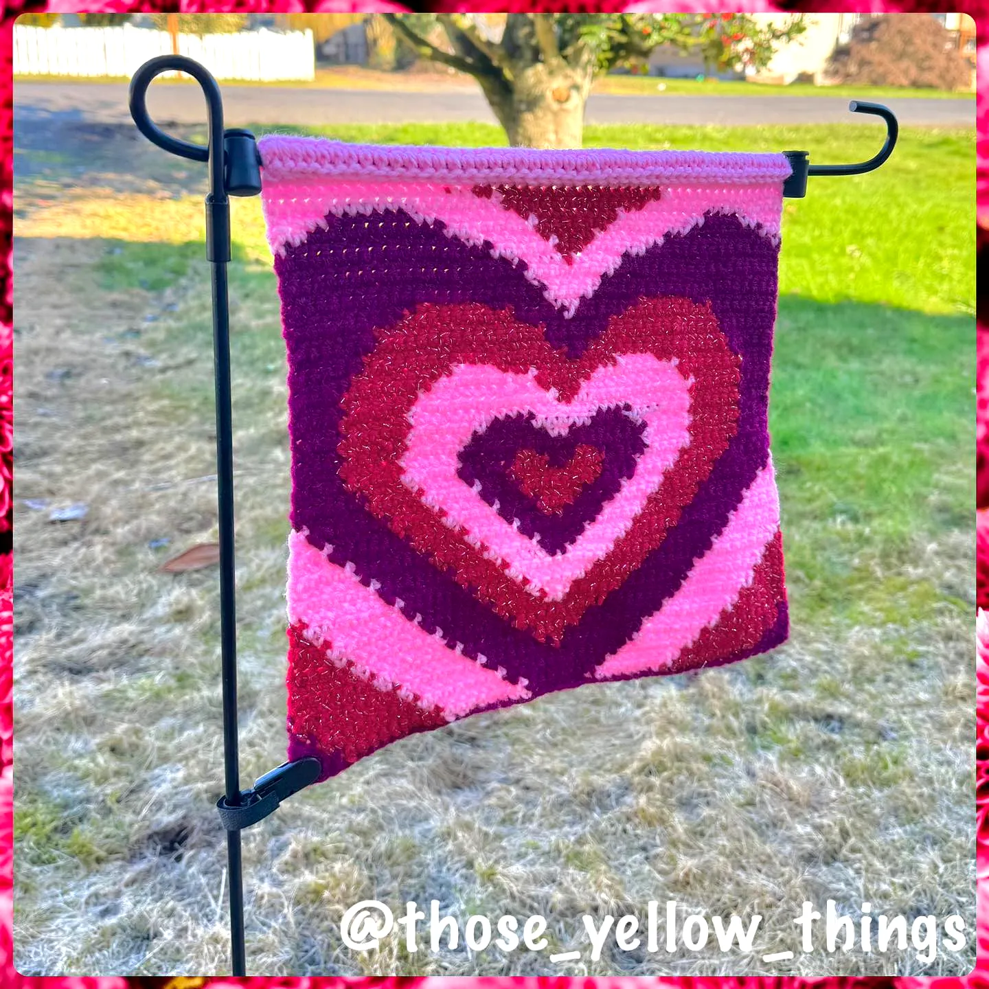 Delightful Crochet Garden Flag in Pink and Burgundy Heart Design
