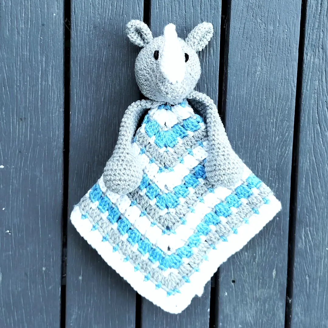 Delightful Crochet Lovey with Rhino Head in Blue and Gray