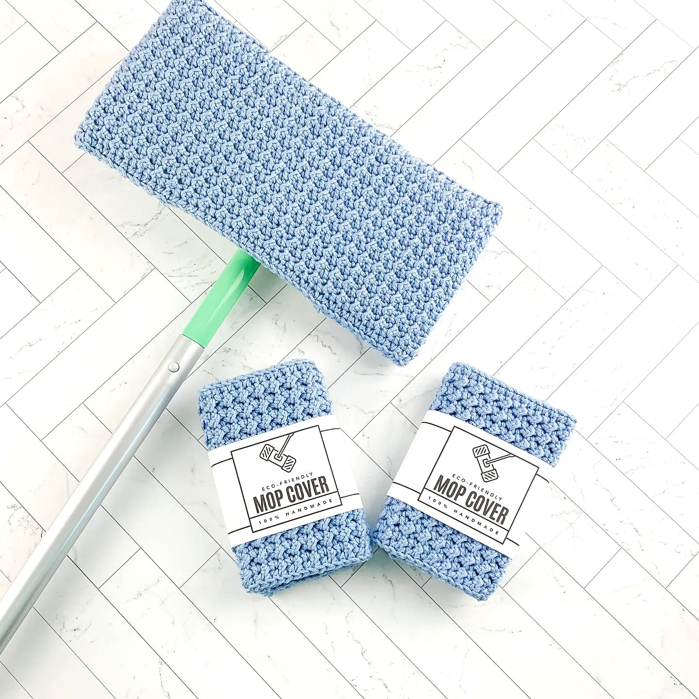 Delightful Crochet Mop Cover in Soft Blue with Textured Design