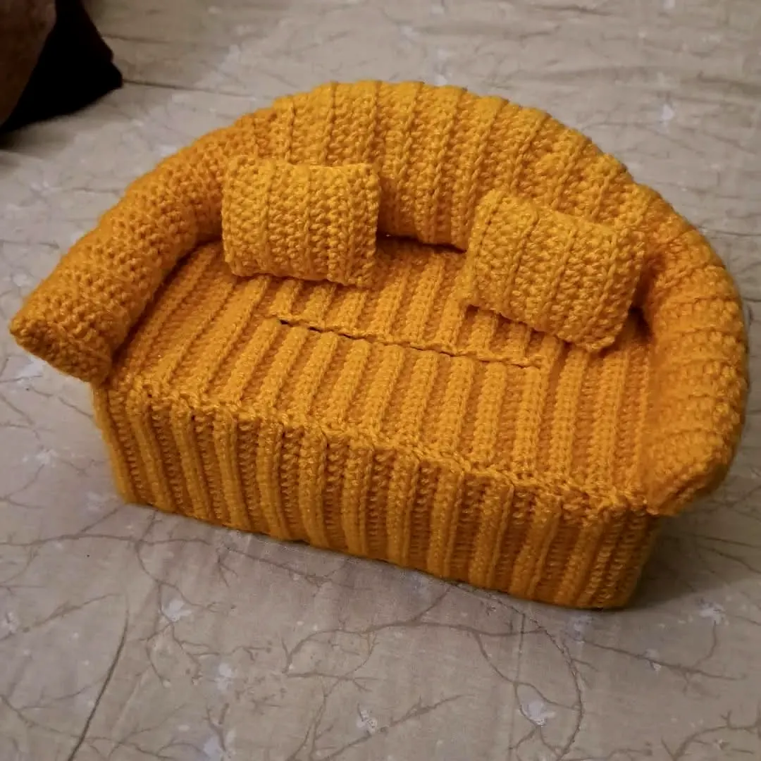Delightful vibrant yellow crochet tissue box cover loveseat