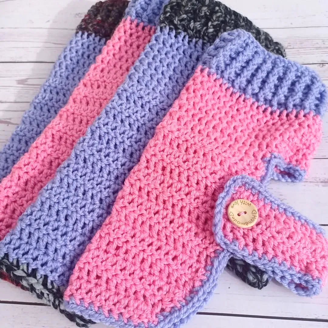 Easy Colorful Crochet Pet Sweater in Pink Purple and Gray