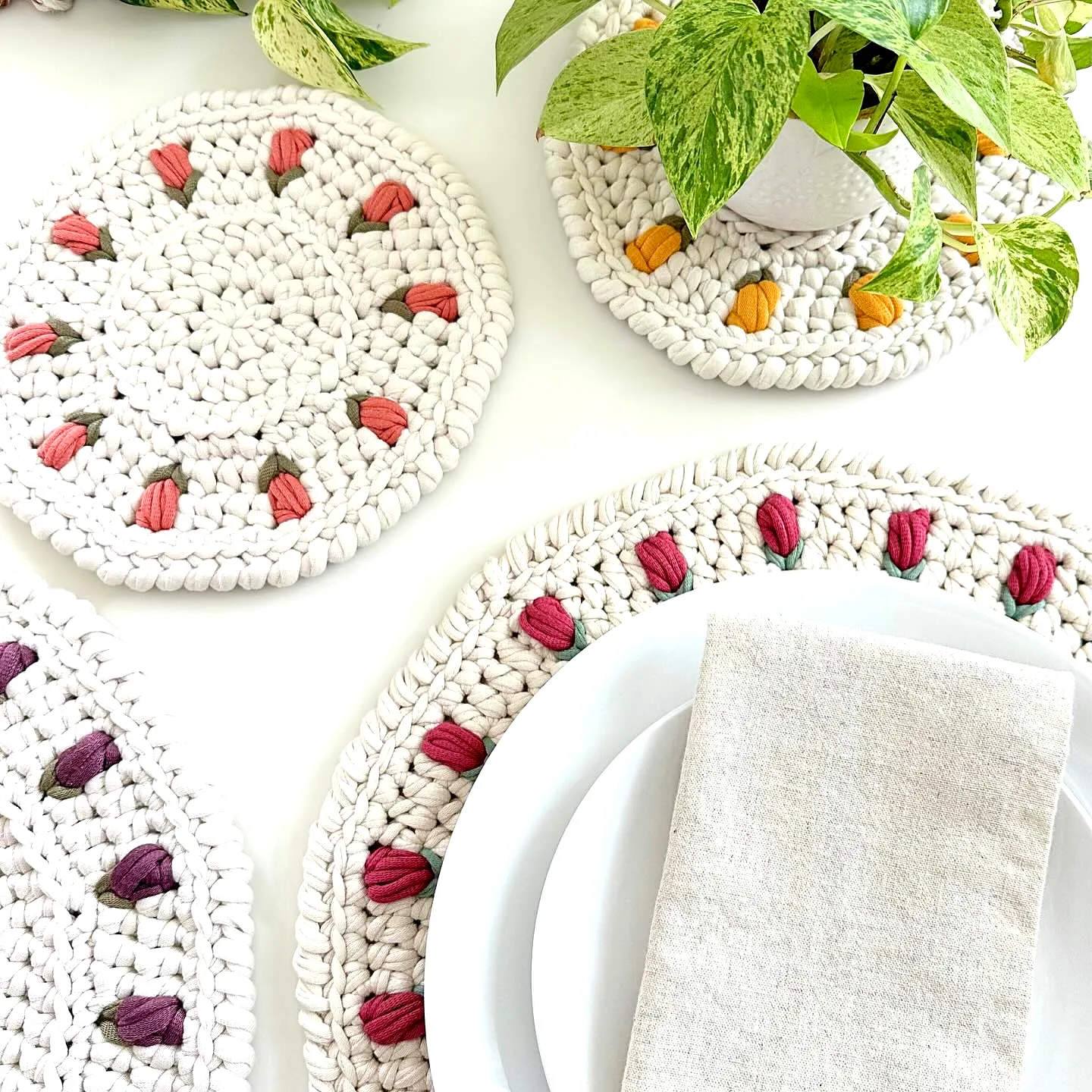 Easy Colorful Crochet Place Mats with Floral Accents