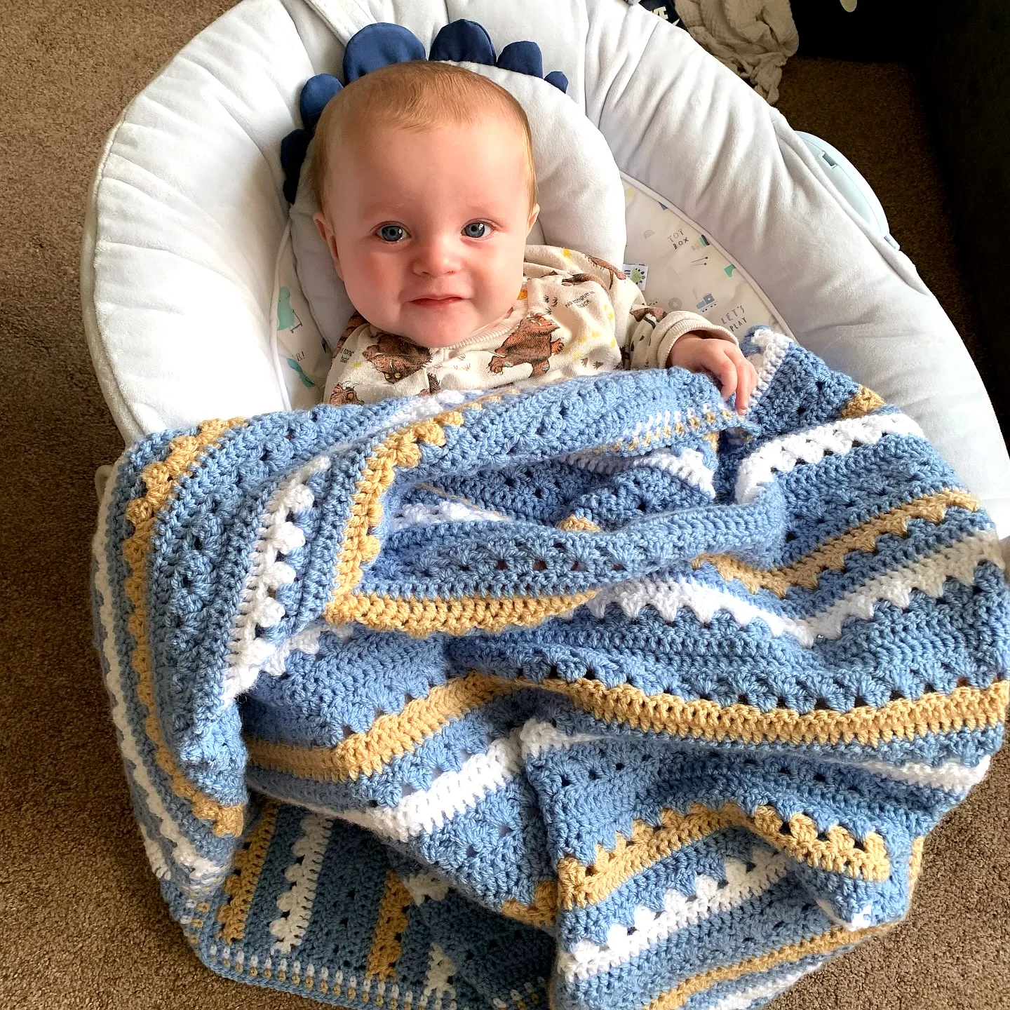 Easy Crochet Baby Blanket in Soft Blue White and Gold Stripes