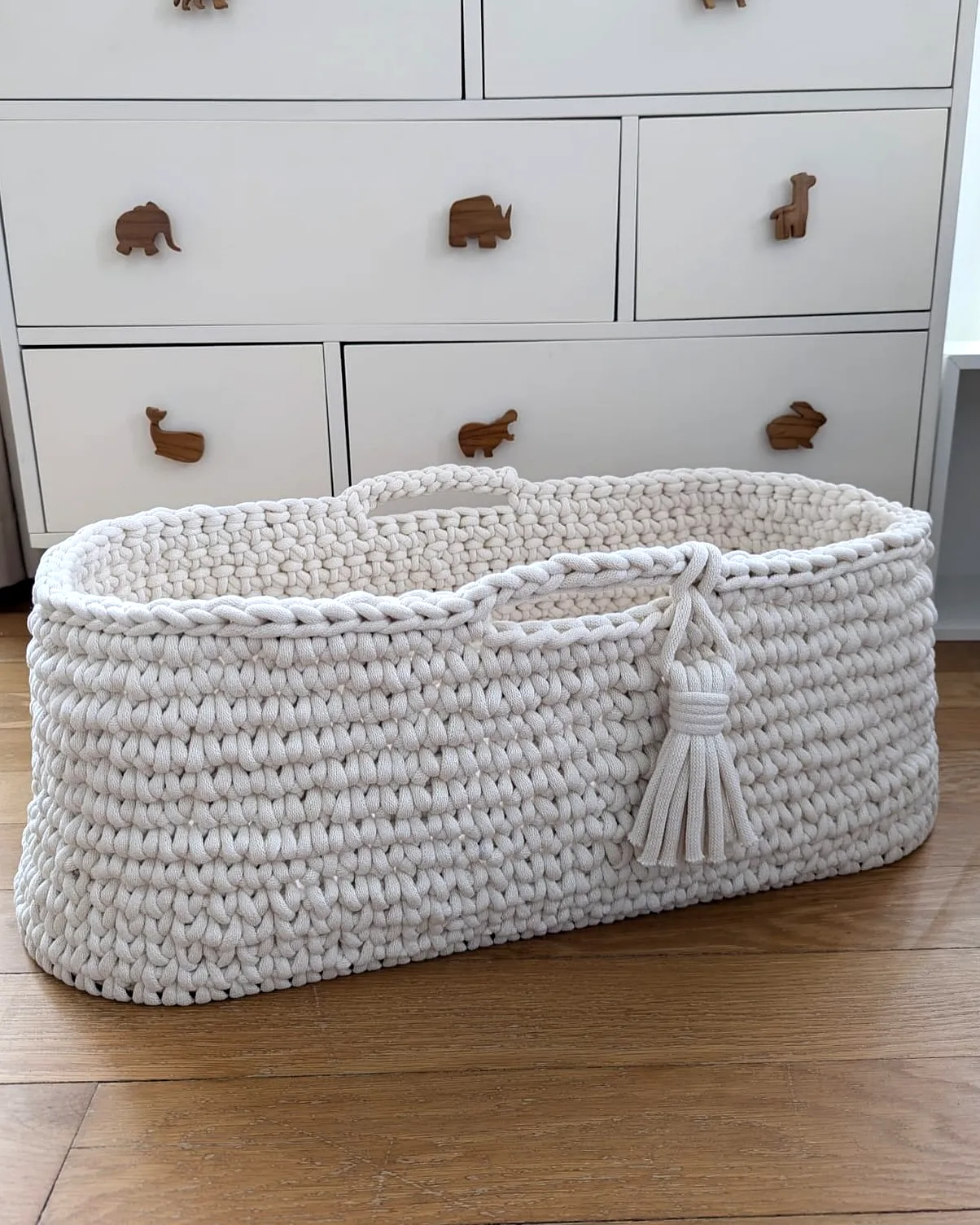Easy Crochet Baby Nest in Soft White Cotton with Stylish Tassels
