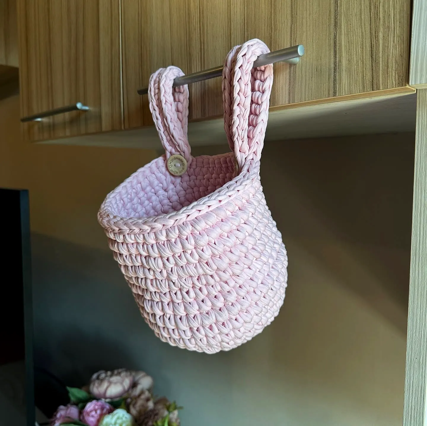 Easy Crochet Basket in Soft Pink with Sturdy Handles