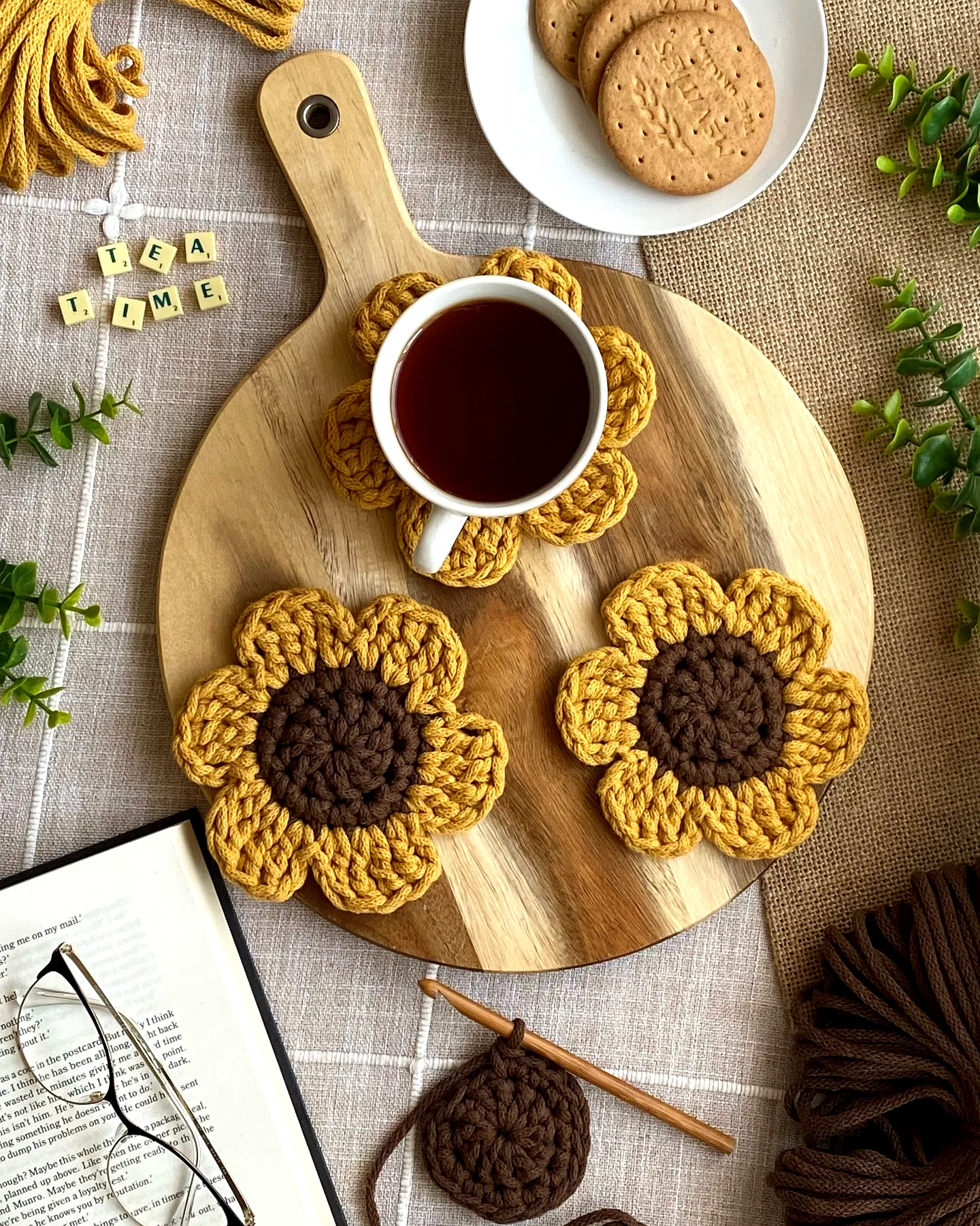 Easy Crochet Coaster Set with Cheerful Sunflower Design