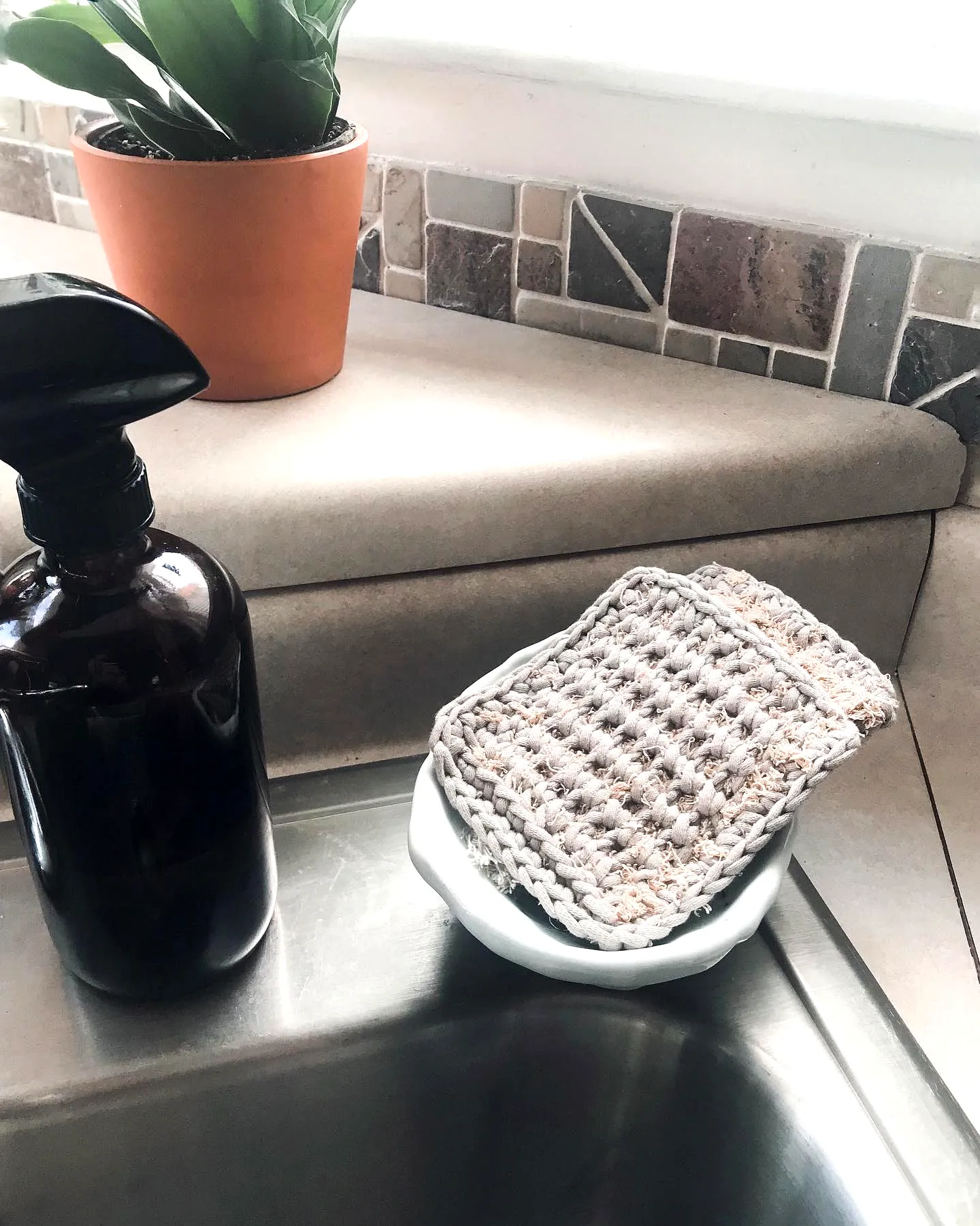 Easy Crochet Dish Sponge in Soft Gray with Peach Accents