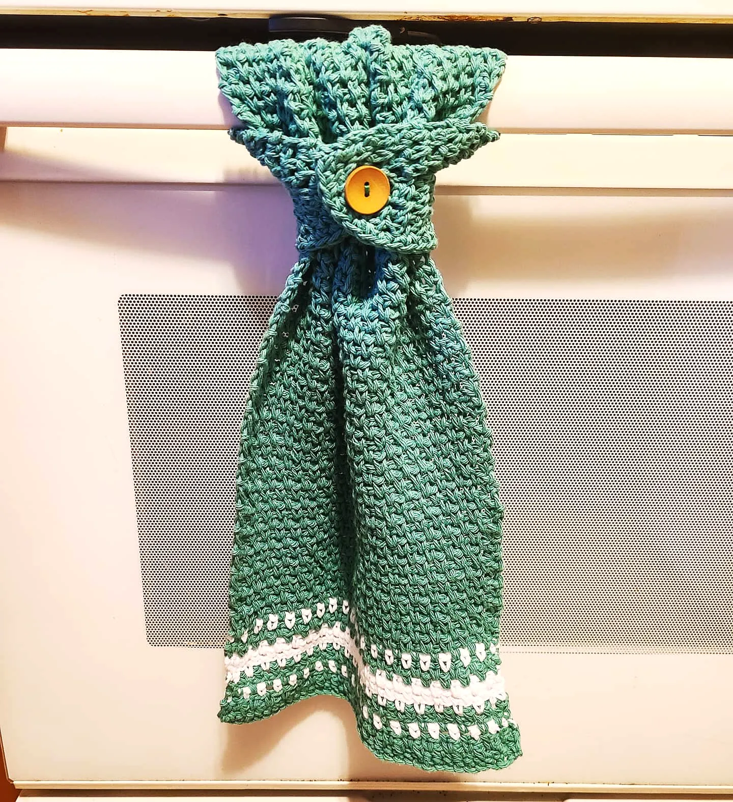 Easy Crochet Kitchen Towel in Teal and White with Button