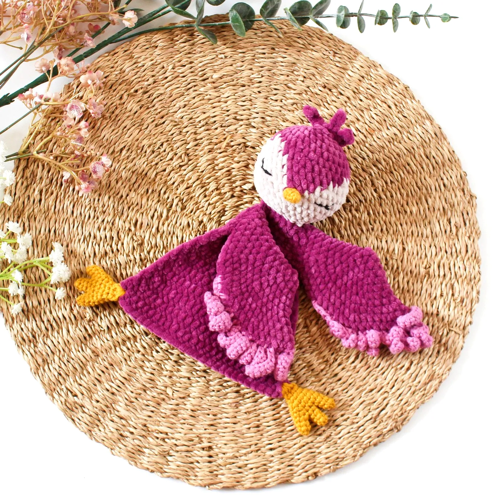 Easy Crochet Lovey in Vibrant Pink and Yellow Bird Design