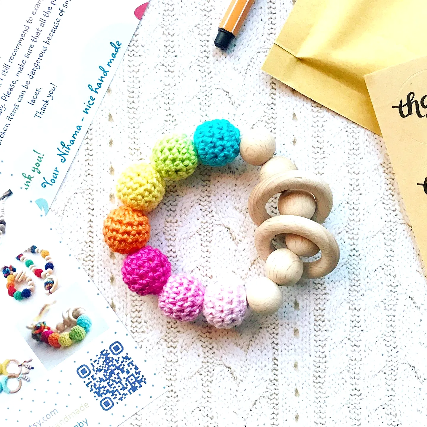 Easy Crochet Teether in Vibrant Colors and Wood Ring