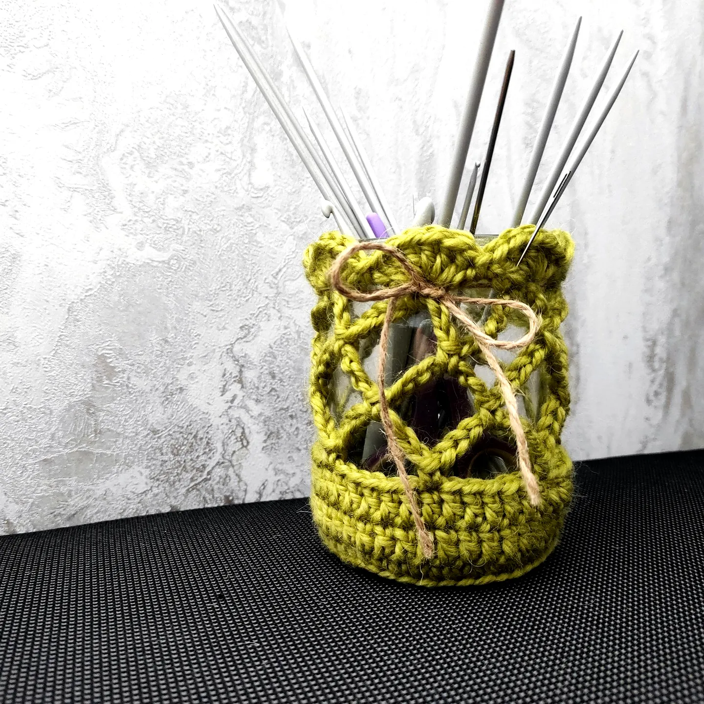 Easy Vibrant Crochet Jar Cover with Lacy Pattern and Twine Bow