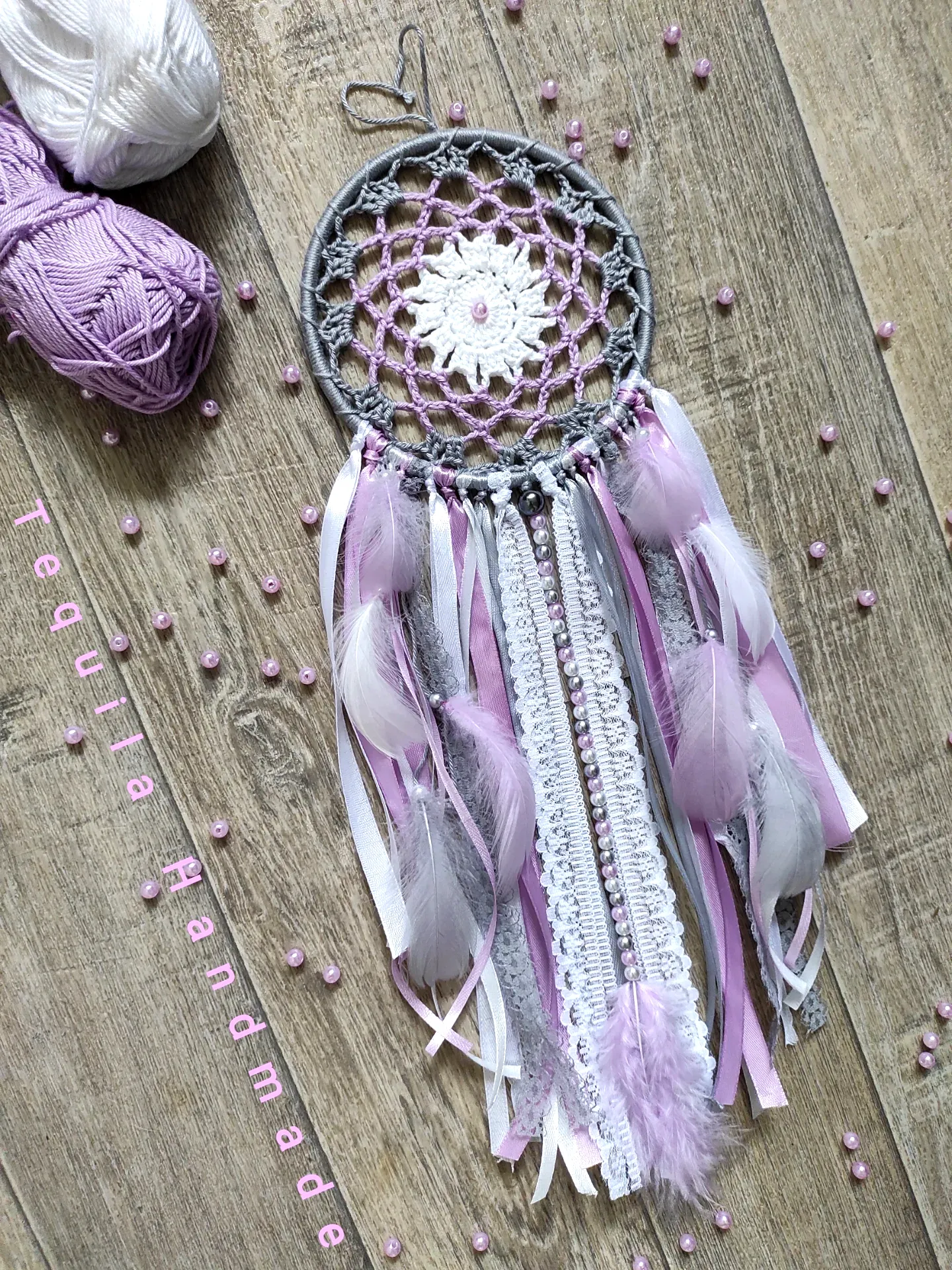 Elegant Crochet Dream Catcher in Gray White and Lavender