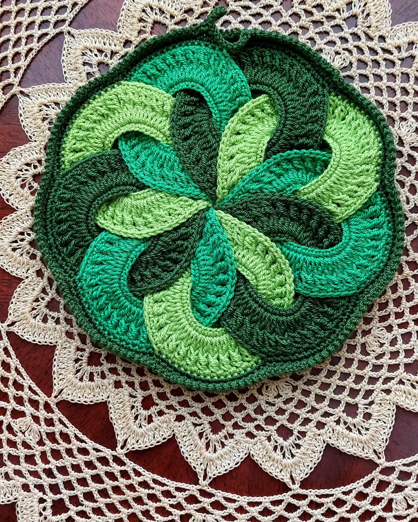 Elegant Crochet Pot Holder with Floral Design in Green Shades