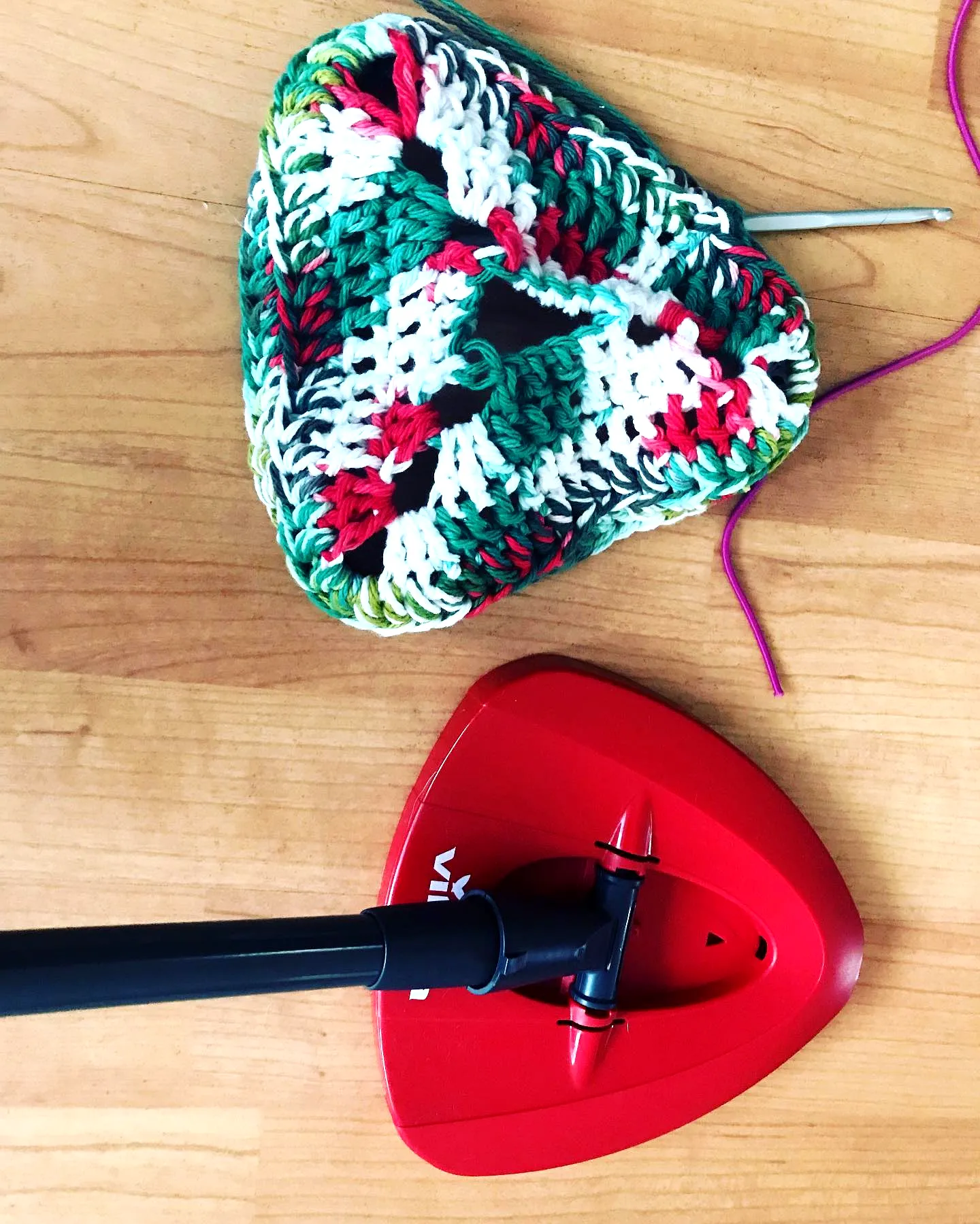 Festive Crochet Mop Cover in Vibrant Red Green and White