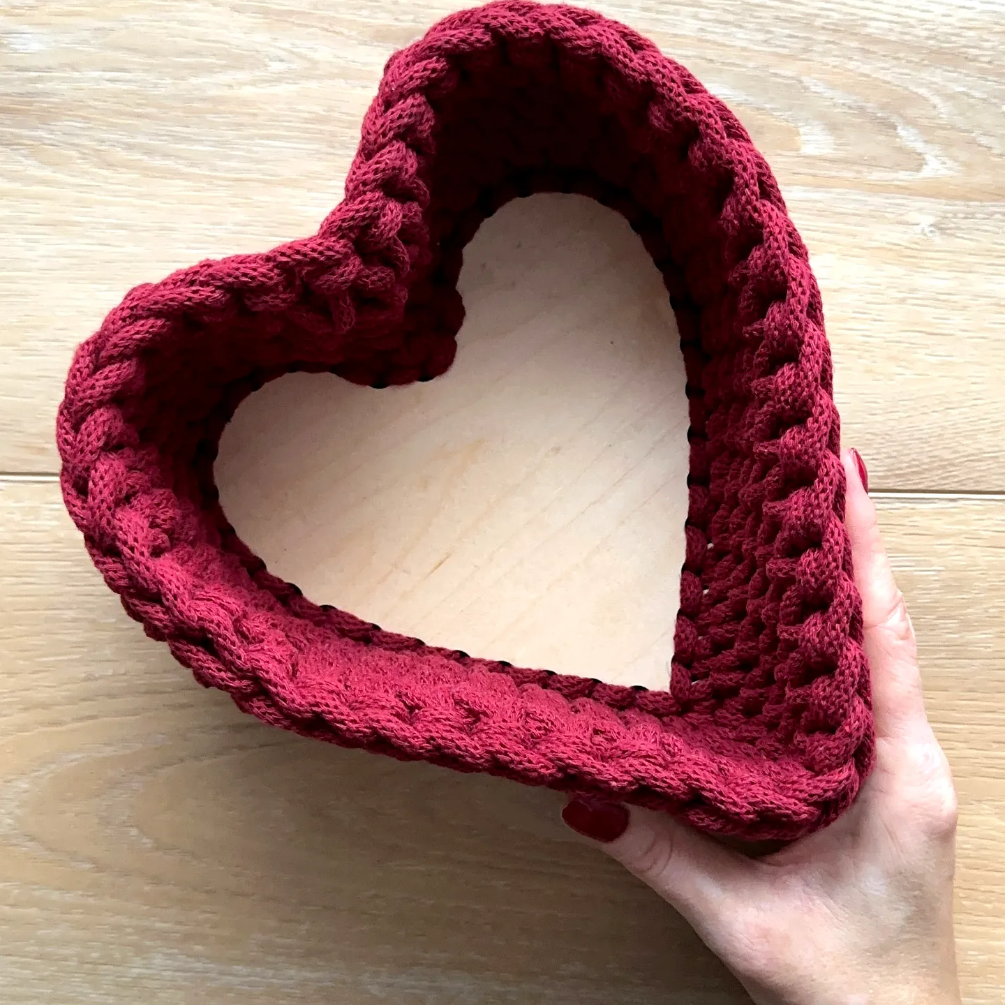 Heart-Shaped Crochet Basket in Rich Burgundy