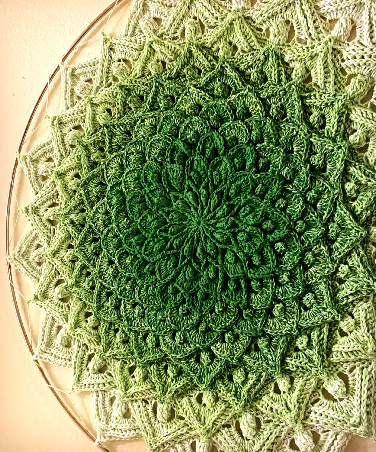 Intricate Crochet Mandala in Vibrant Green Ombre Style