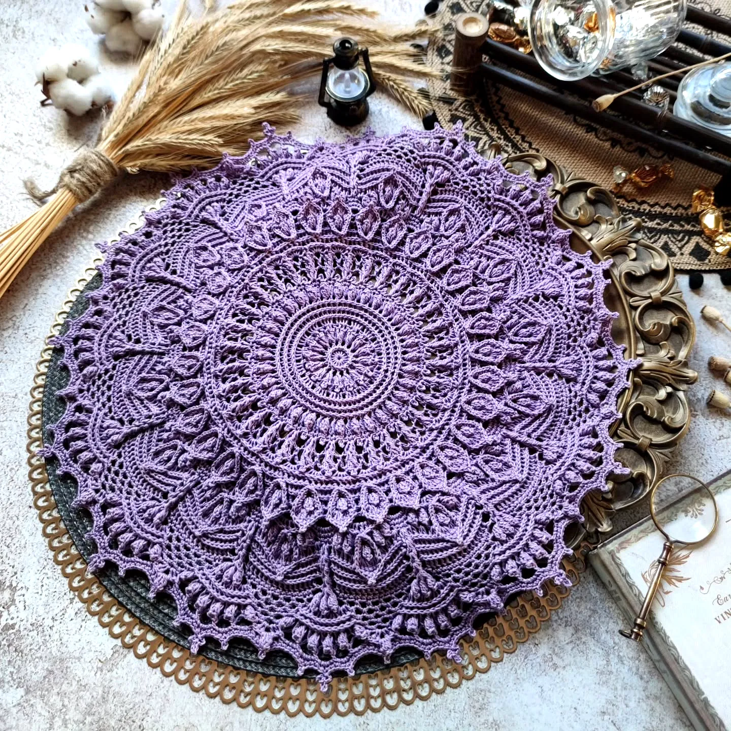 Intricate Lavender Crochet Doily with Floral Mandala Design