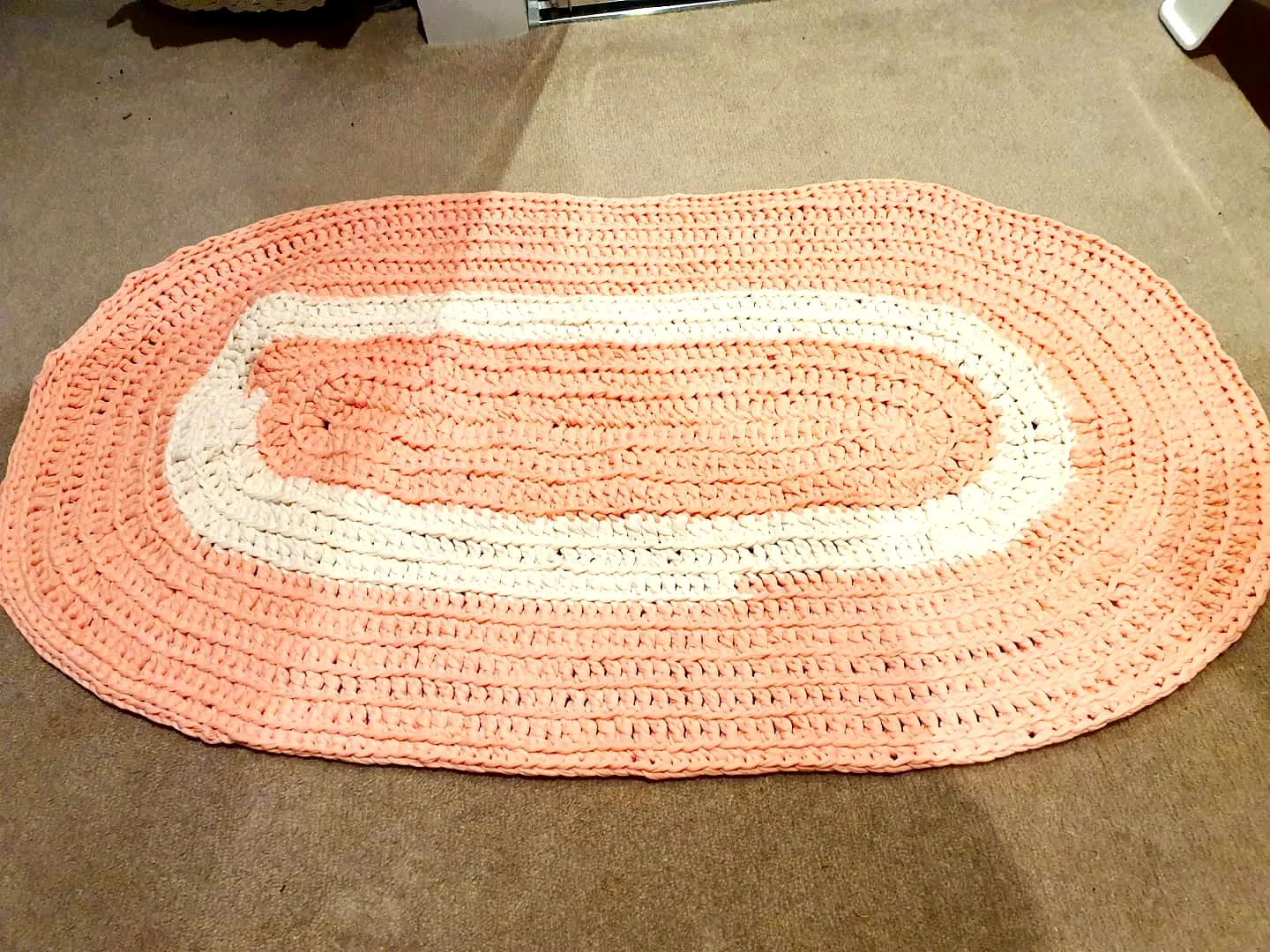 Lovely Crochet Floor Mat in Peachy Coral and Cream for Decor