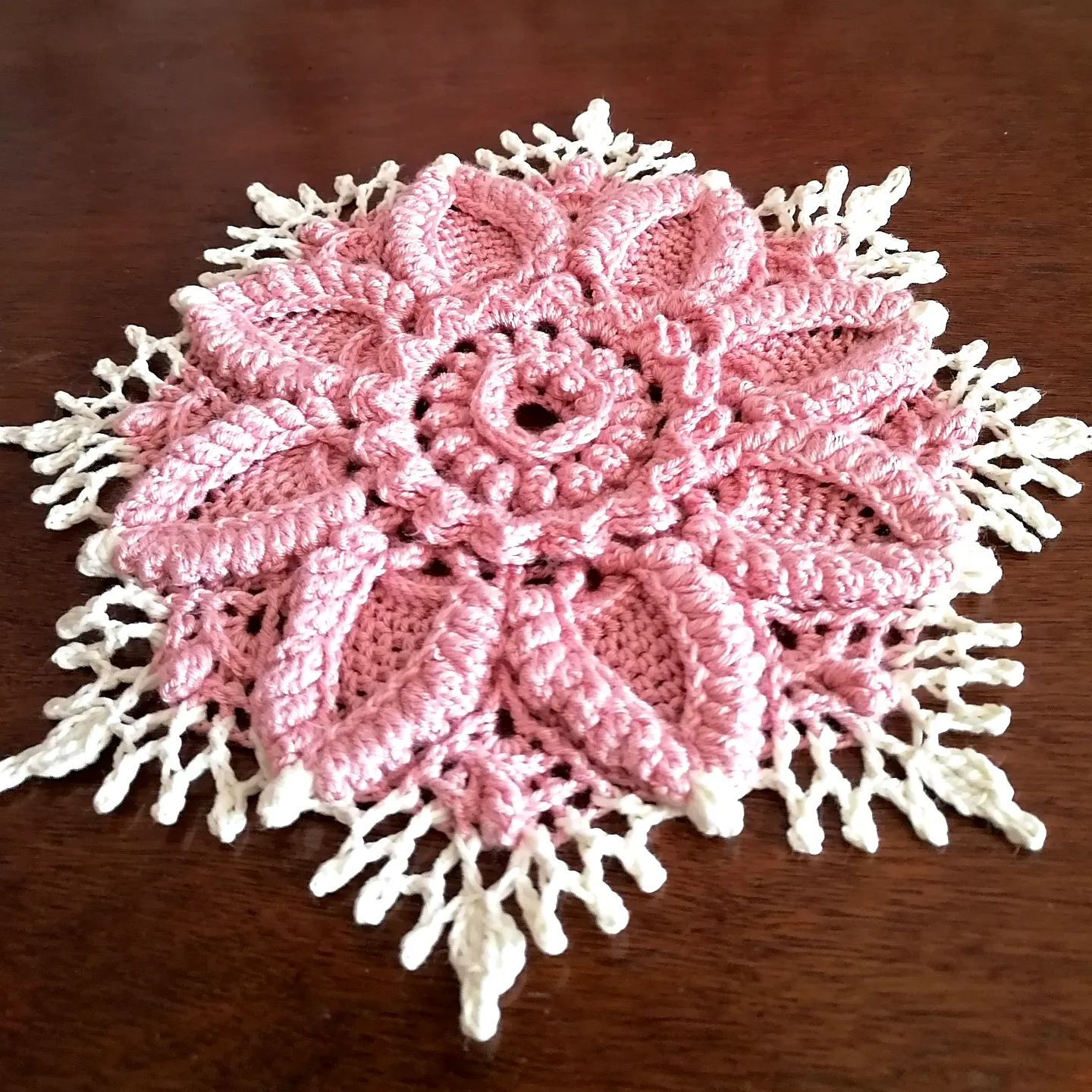 Lovely Pink Crochet Doily with Floral Design and Fringes