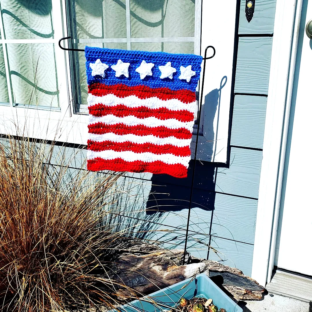 Patriotic Crochet Garden Flag in Vibrant Red White and Blue
