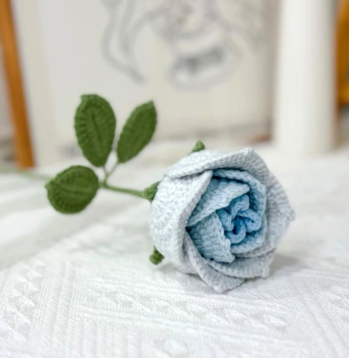 Stunning Crochet Rose in Soft Blue with Green Leaves