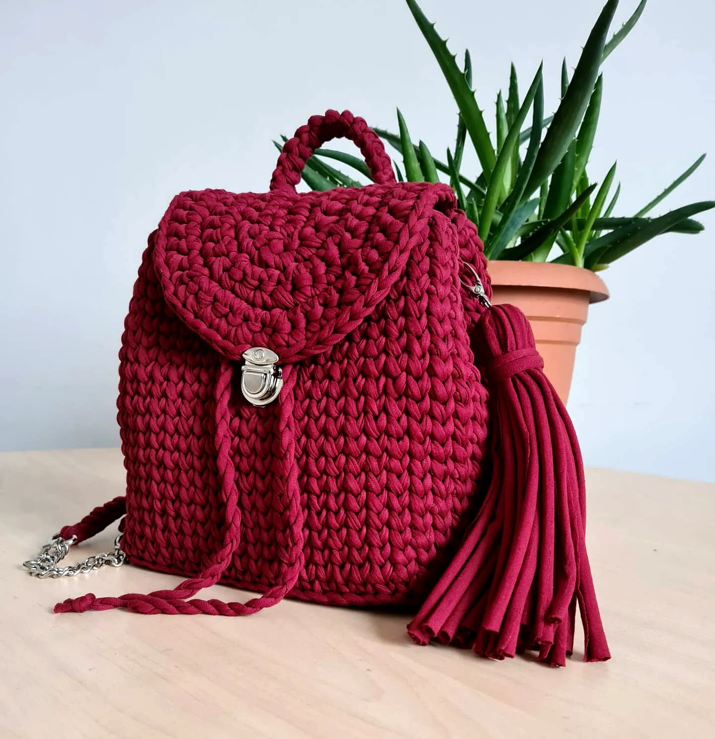 Stylish Burgundy Crochet Backpack