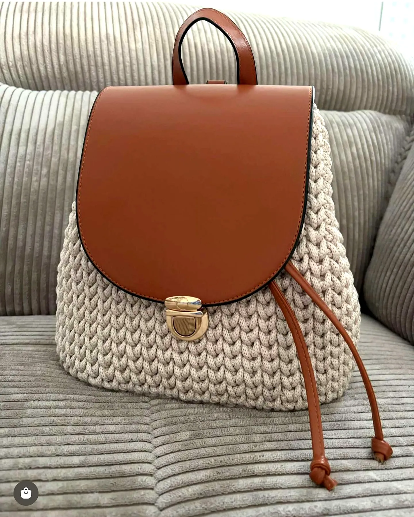 Stylish Cream Crochet Backpack with Brown Leather Flap