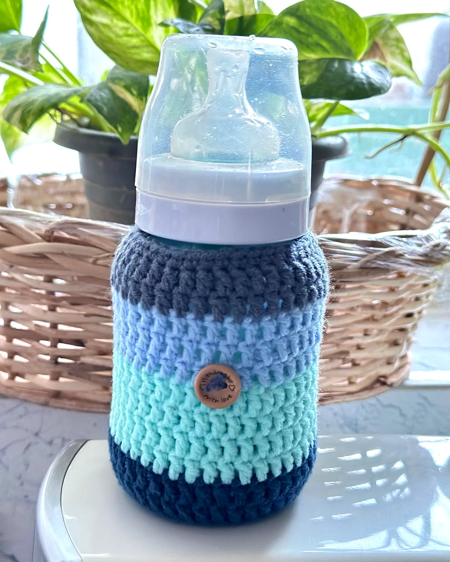 Stylish Crochet Baby Bottle Cover in Teal Navy and Gray