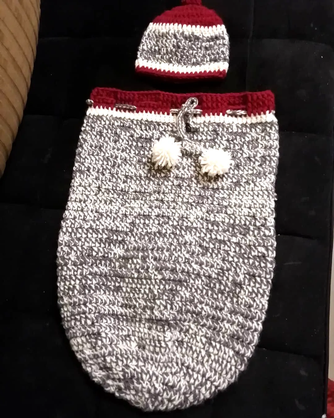 Stylish Crochet Baby Cocoon in Gray and Burgundy with Hat