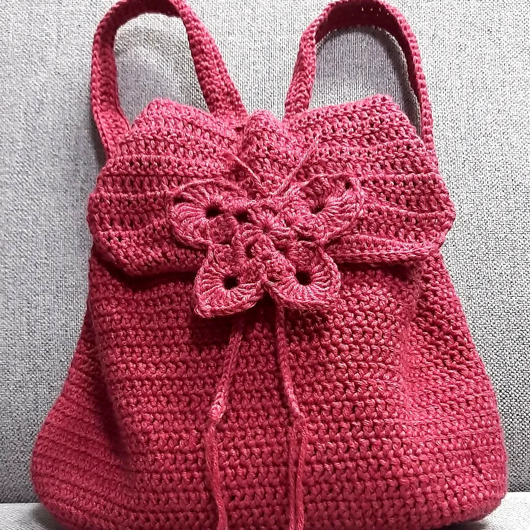 Stylish Crochet Backpack in Rich Burgundy with Flower Motif