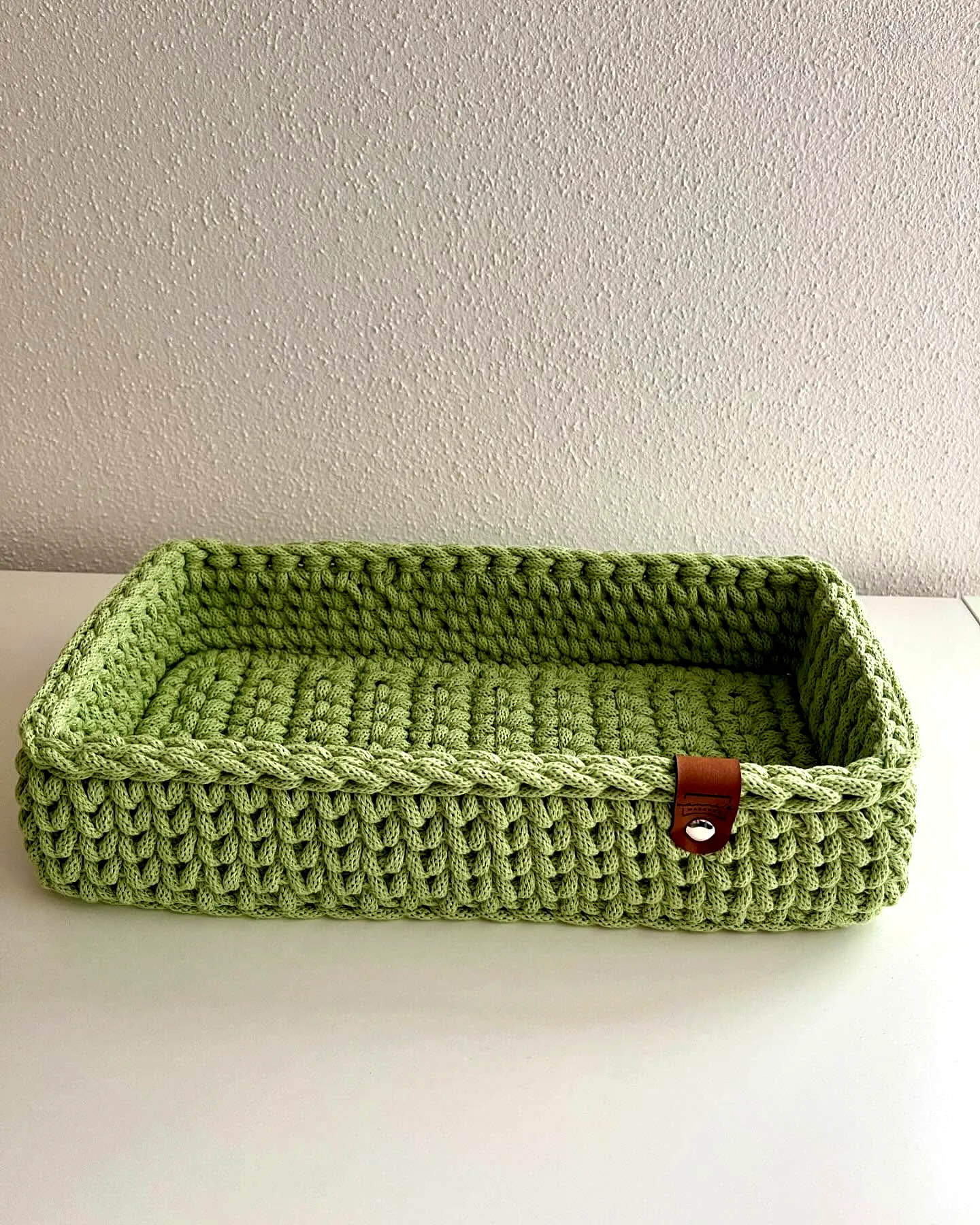 Stylish Crochet Basket in Soft Green with Leather Handle