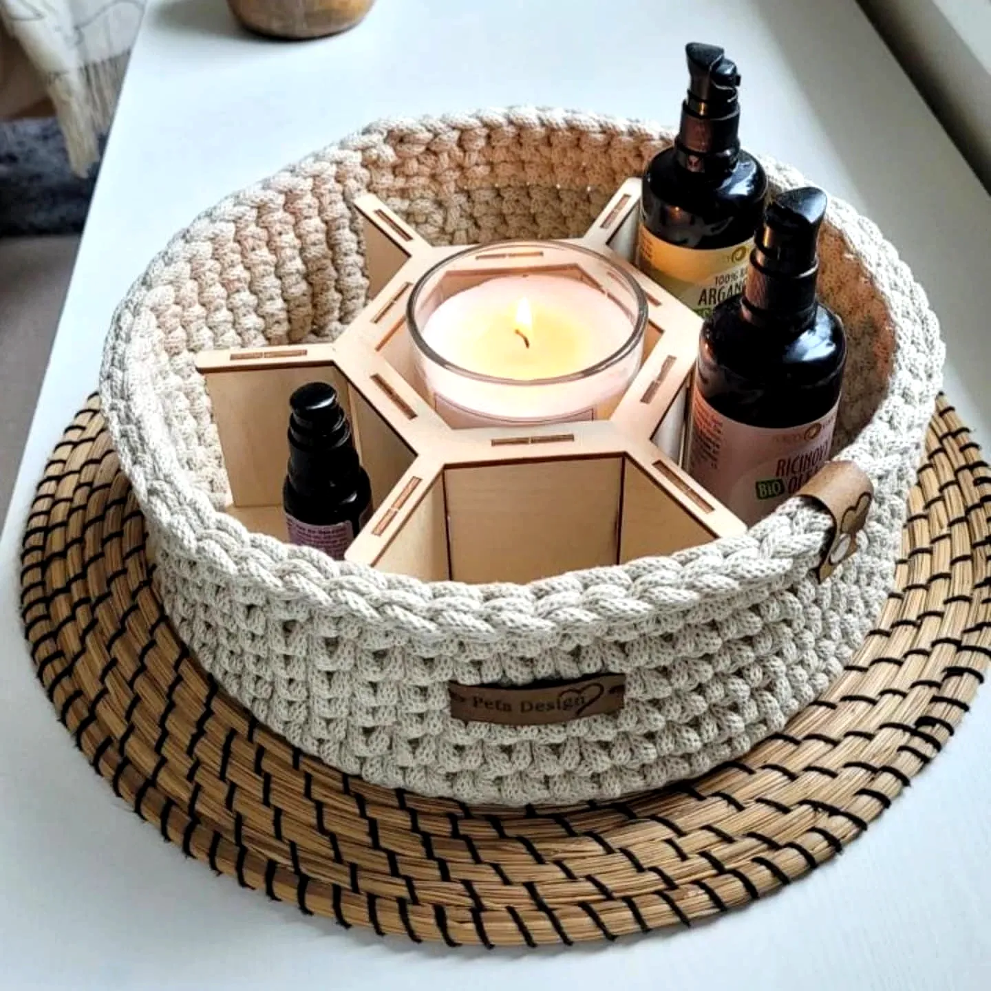 Stylish Crochet Basket Organizer in Neutral Colors with Wooden Divider