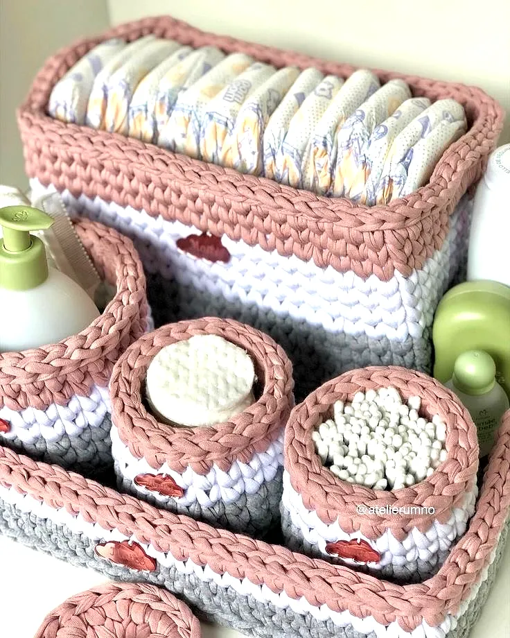 Stylish Crochet Basket Organizer in Peach Gray and White
