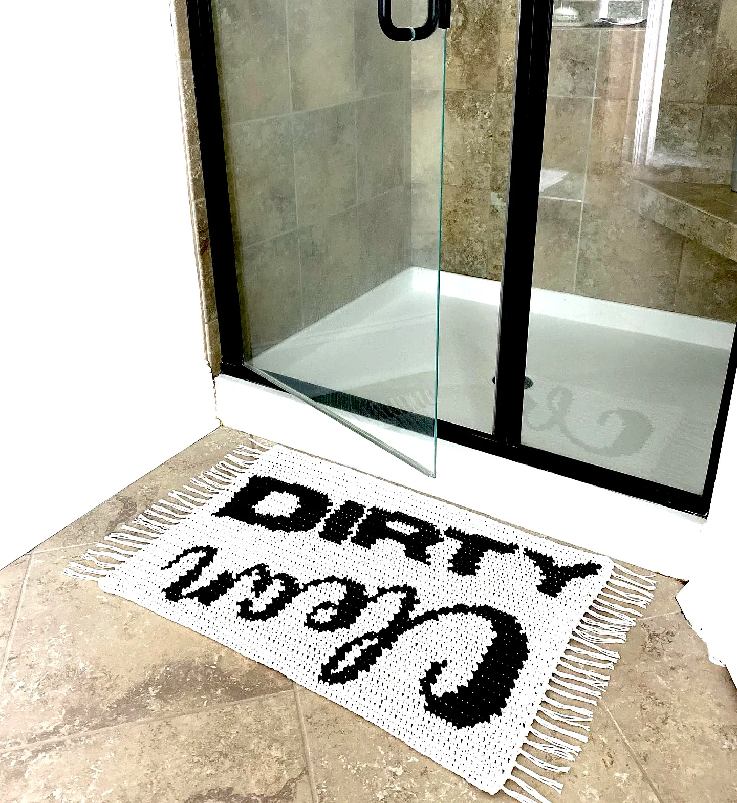 Stylish Crochet Bath Mat with Playful Dirty Design in Neutral Tones