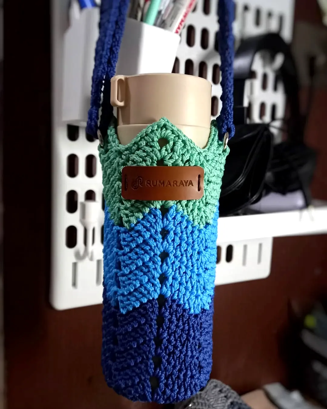 Stylish Crochet Bottle Cozy in Vibrant Blue and Green Tones