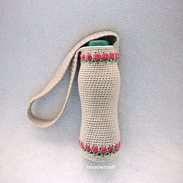 Stylish Crochet Bottle Cozy with Floral Design in Pink and Green