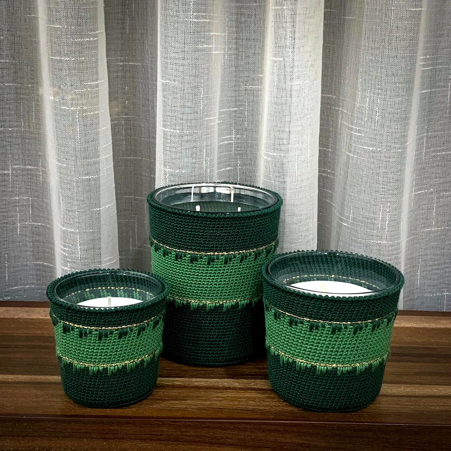 Stylish Crochet Candle Holder Set in Rich Green