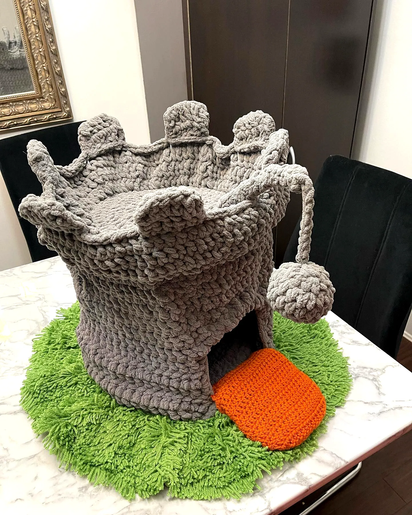 Stylish Crochet Castle Pet Bed in Grey and Orange for Pets
