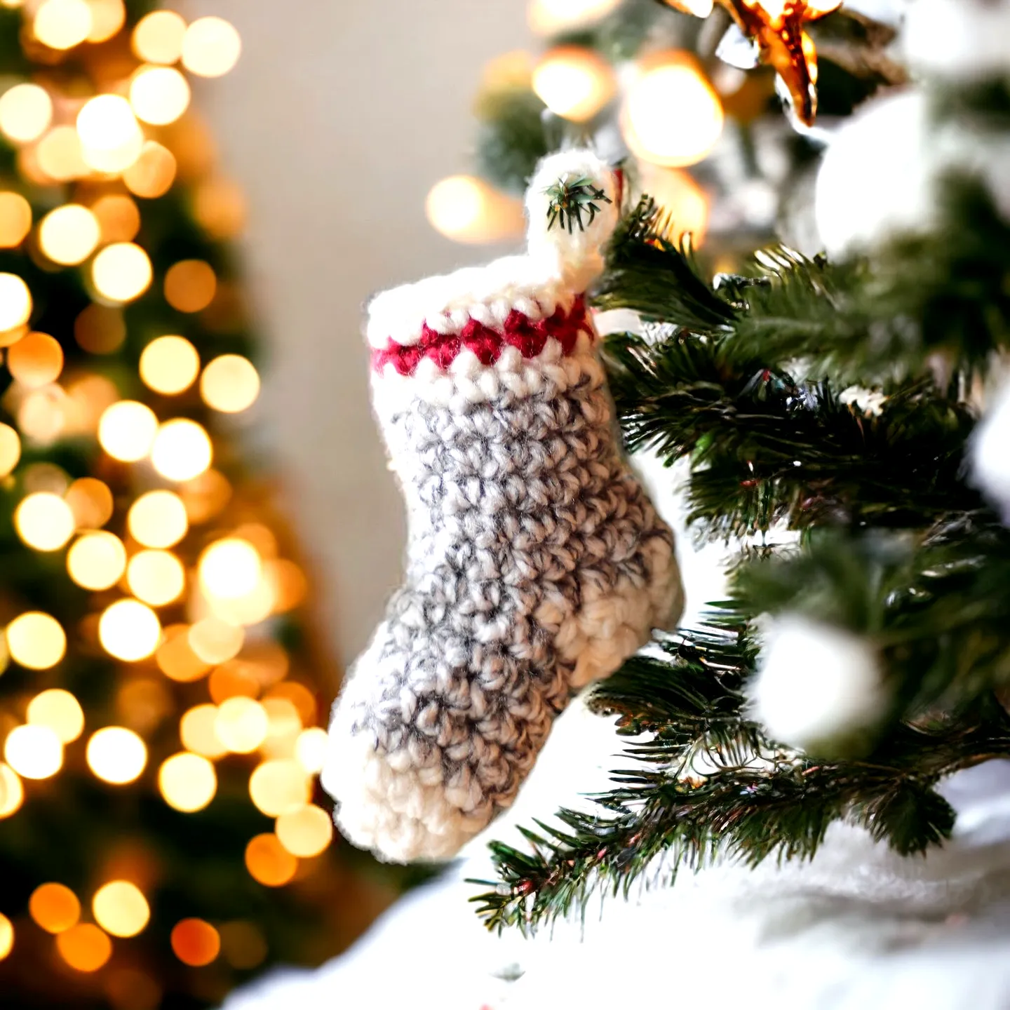 Stylish Crochet Christmas Stocking in Gray with Pom-Pom Detail