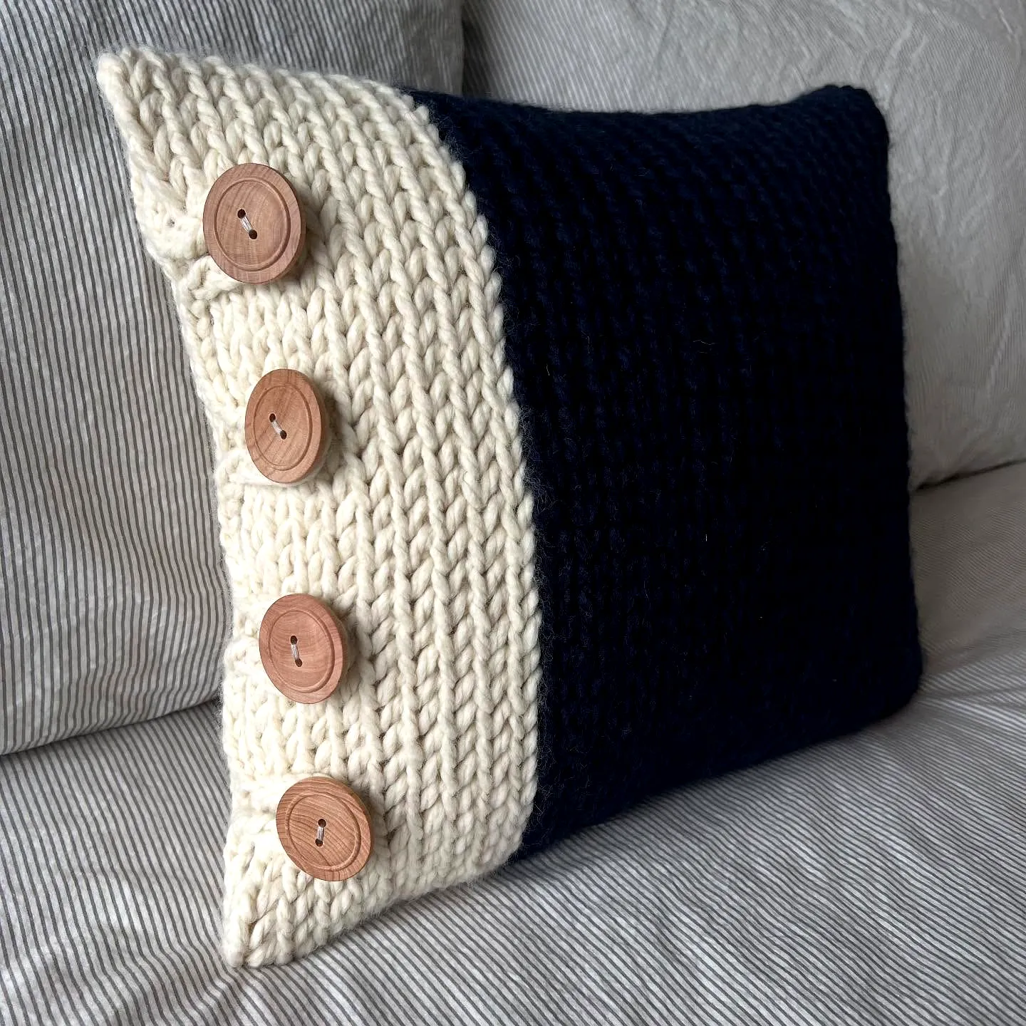 Stylish Crochet Cushion in Navy Blue and Cream with Buttons