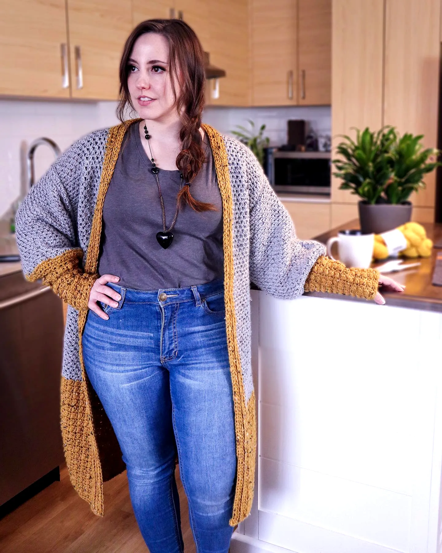 Stylish Crochet Duster in Gray and Mustard for Intermediate Crocheters