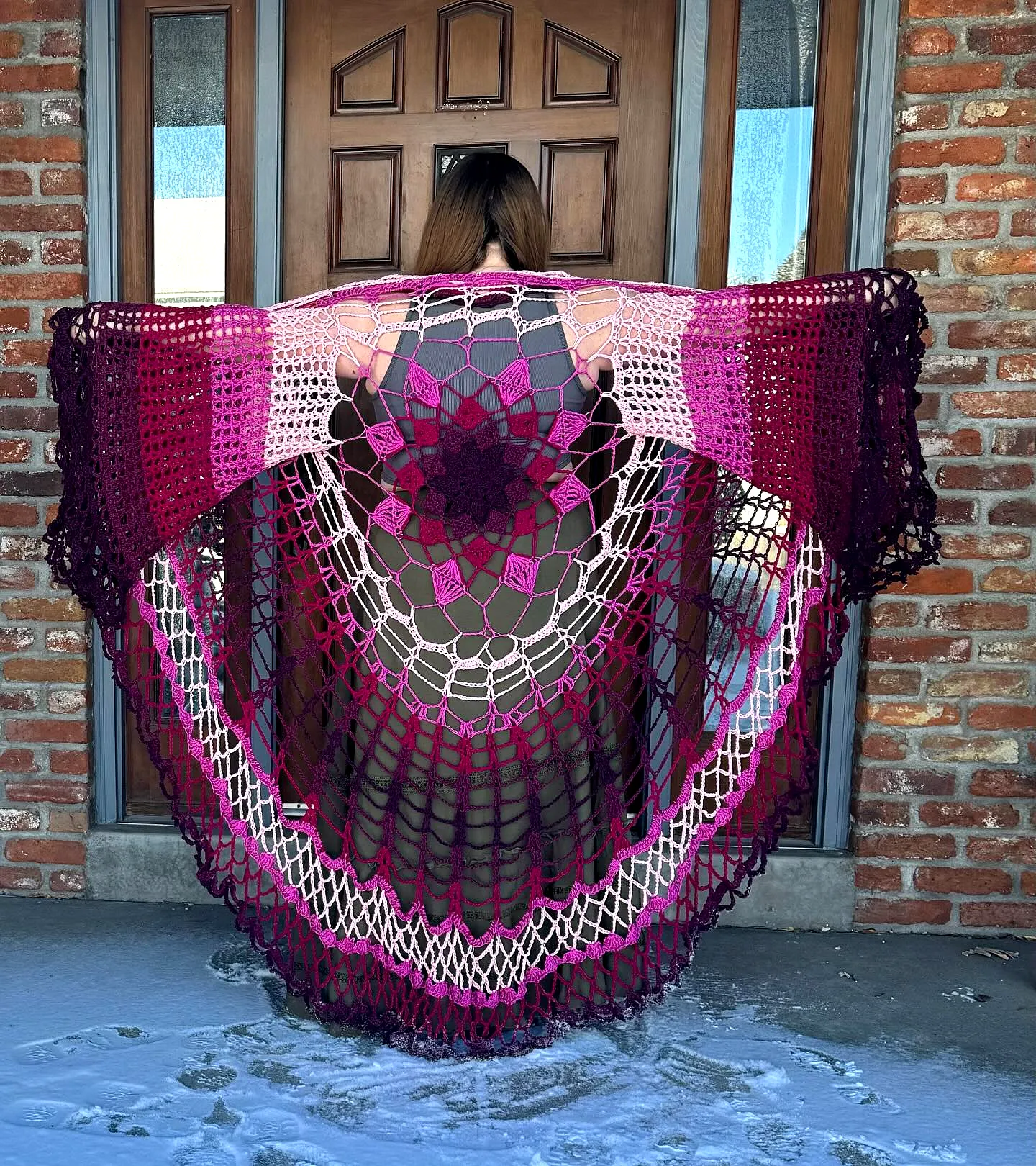 Stylish Crochet Duster in Vibrant Pink and Purple Gradient